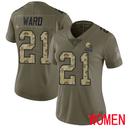 Cleveland Browns Denzel Ward Women Olive Camo Limited Jersey #21 NFL Football 2017 Salute To Service->women nfl jersey->Women Jersey